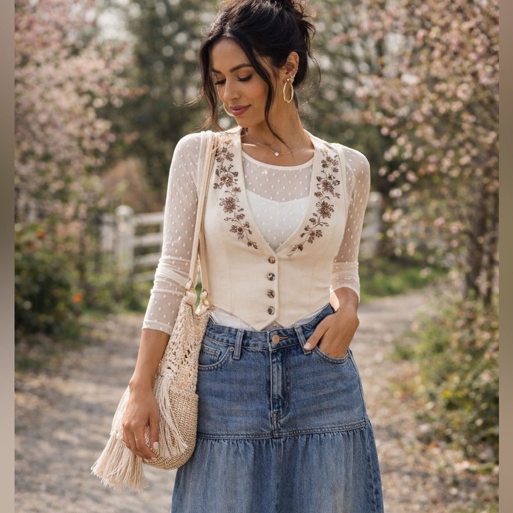 BCBGMaxAzria Cream White Sheer Polka Dot Shirt Boho Fairycore Festival Top
